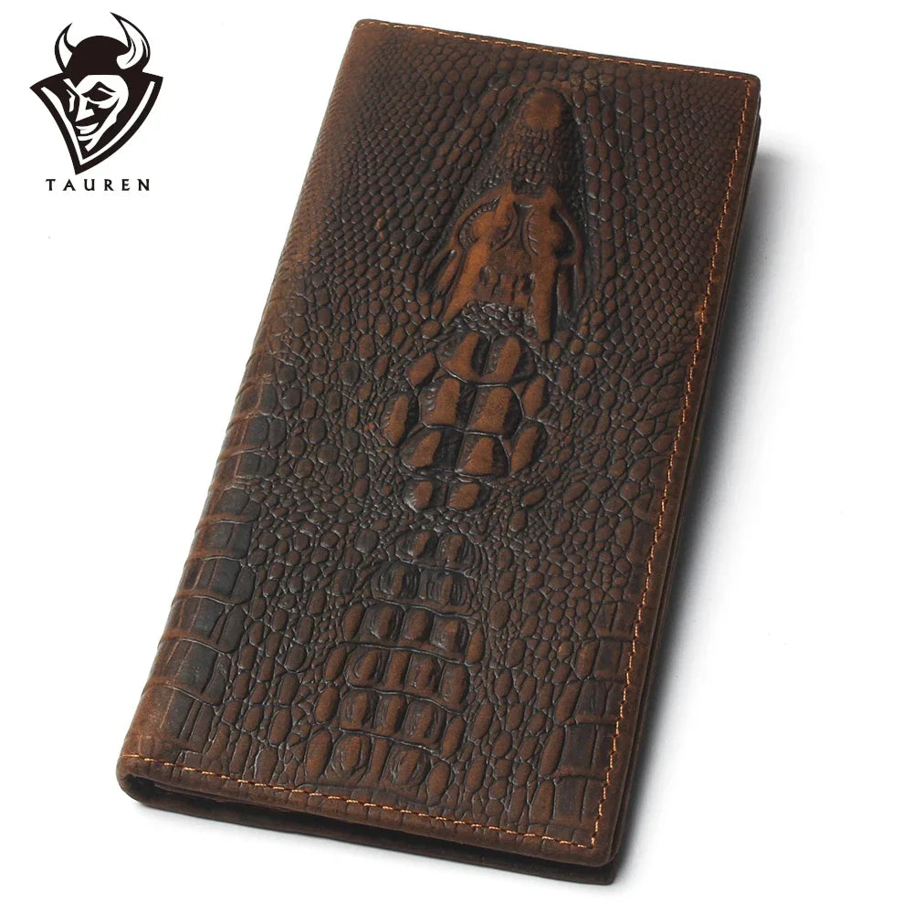 Mens Crocodile Head Pattern Wallet Crazy Horse 100% Genuine Leather Purse Top Grade Soft Long Branded Coin For Men