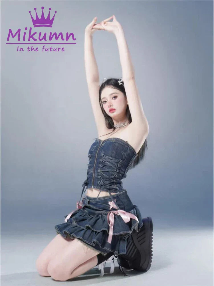 Mikumn Blue Denim Pleated Skirt Y2K Aesthetic Sweet