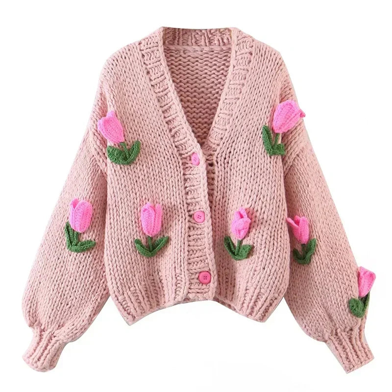 MosiMolly Cardigan Women Sweater Handmade Flower Sweater Cardigan