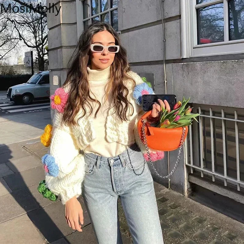 MosiMolly Cardigan Women Sweater Handmade Flower Sweater Cardigan