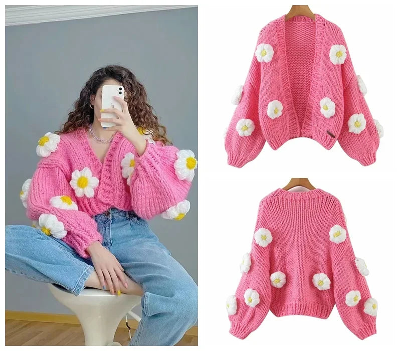 MosiMolly Cardigan Women Sweater Handmade Flower Sweater Cardigan