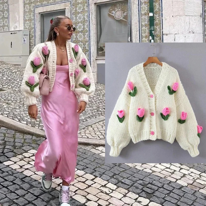 MosiMolly Cardigan Women Sweater Handmade Flower Sweater Cardigan