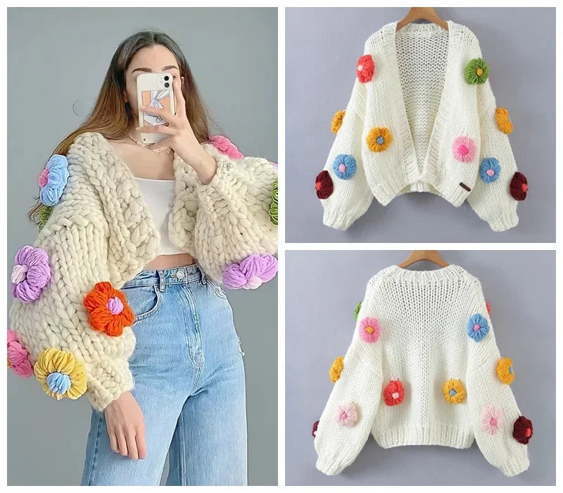 MosiMolly Cardigan Women Sweater Handmade Flower Sweater Cardigan