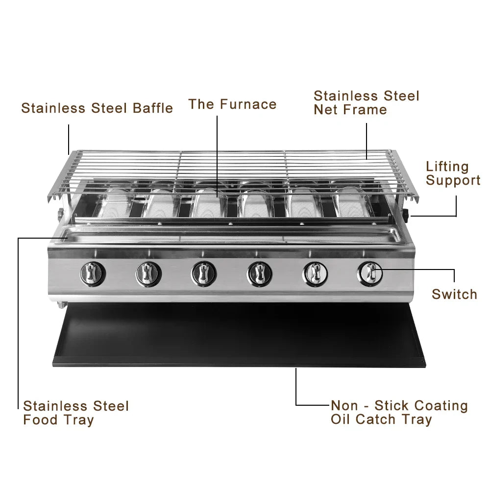 NG/LPG BBQ Grill 6 Infrared Burners Smokeless Stainless