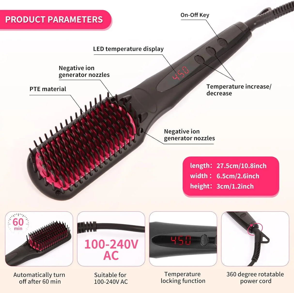 Negative ion Hair Straightener Brush, Anti-Scald Portable hot