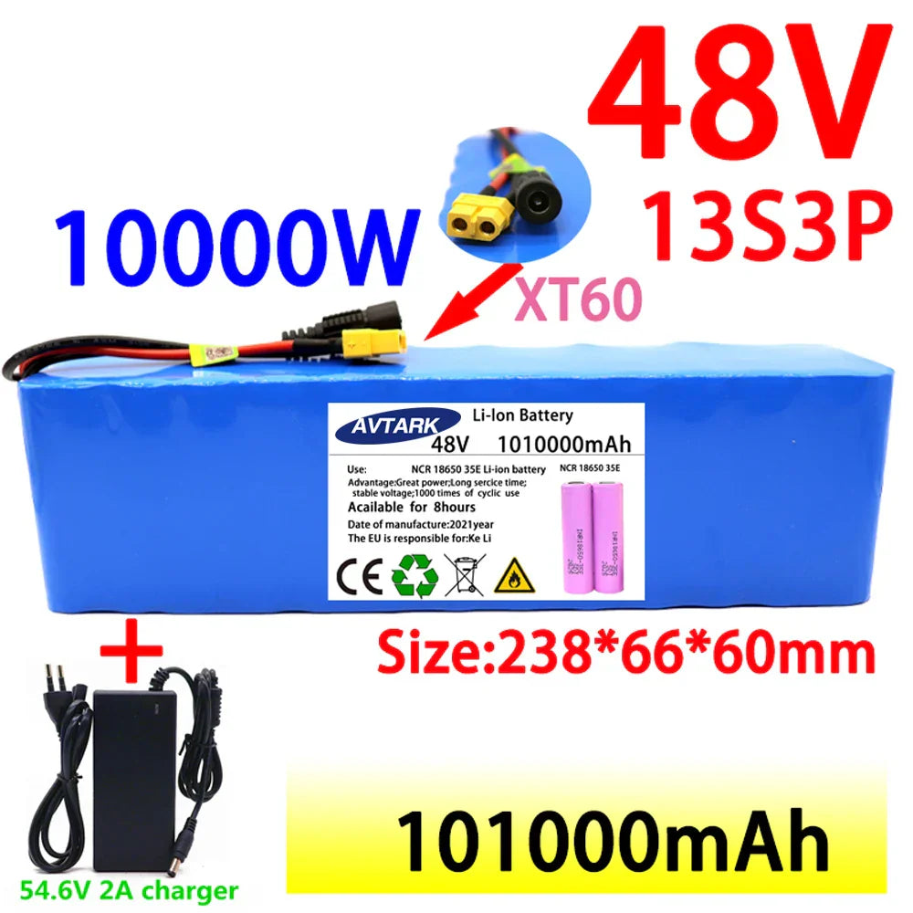 New 48V 100000mAh 1000w 13S3P XT60 48V Lithium
