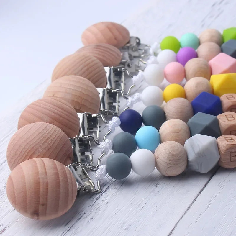 New Handmade Beech Pacifier Clips Holder Chain Silicone