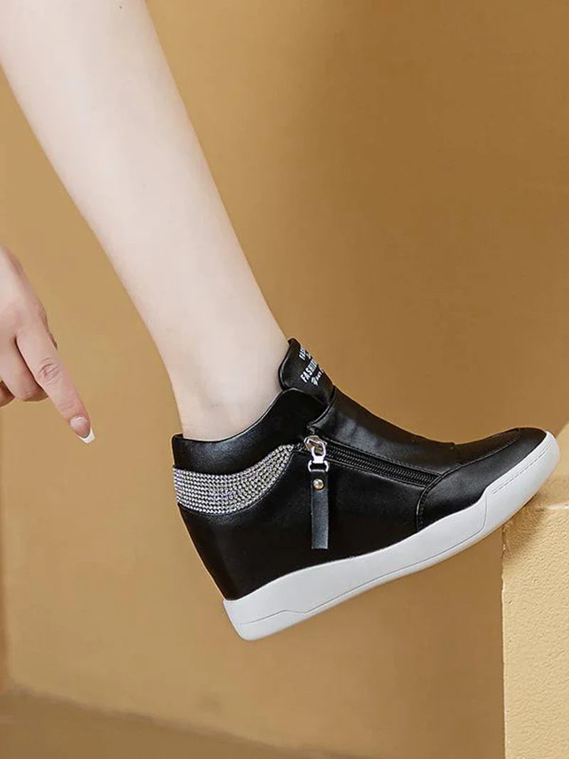 New High Top Women Sneakers Spring Autumn New Hidden Heel Casual Shoes Side Zip Women White Platform Wedge Rivet Shoes