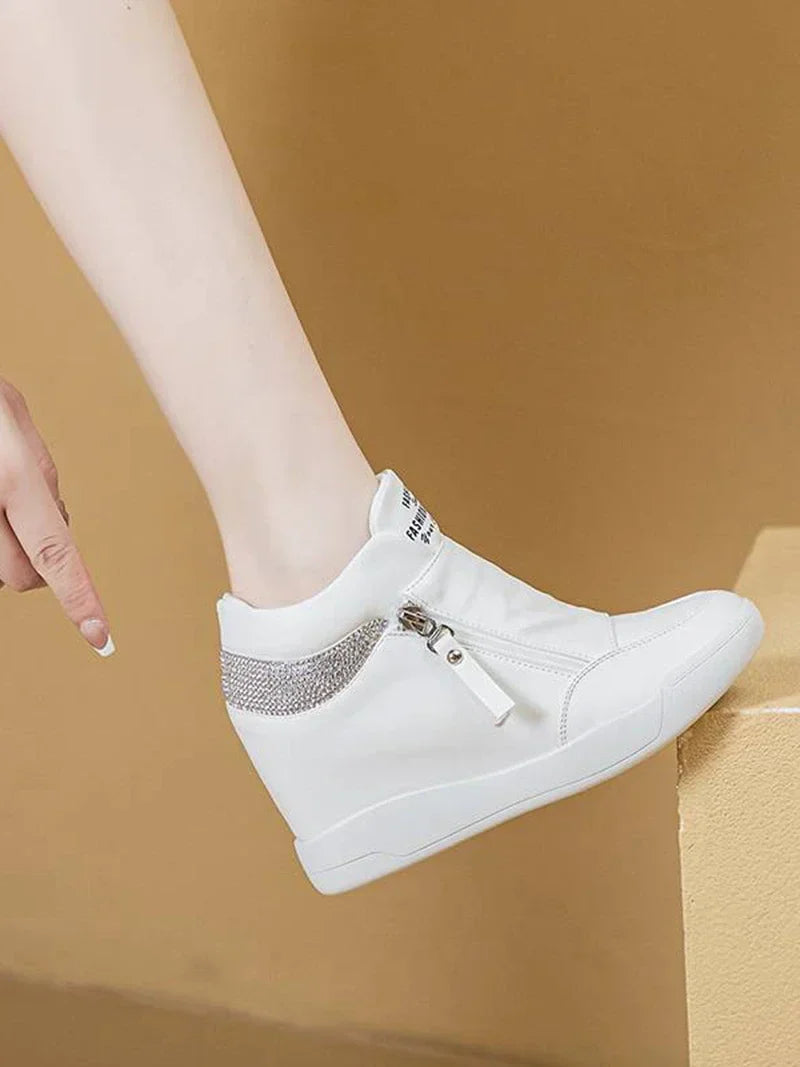 New High Top Women Sneakers Spring Autumn New Hidden Heel Casual Shoes Side Zip Women White Platform Wedge Rivet Shoes