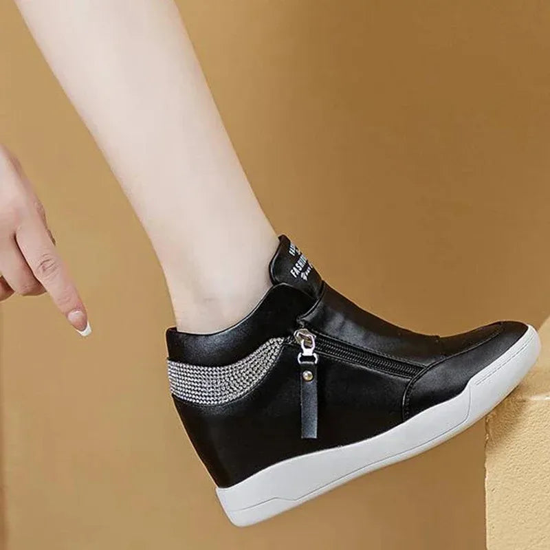 New High Top Women Sneakers Spring Autumn New Hidden Heel Casual Shoes Side Zip Women White Platform Wedge Rivet Shoes