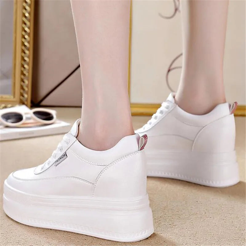 New Spring Autumn White Hidden Wedge Heels Casual Shoes Woman 9CM Platform Shoes Elevator High-heels Walking Sneakers Women 2023