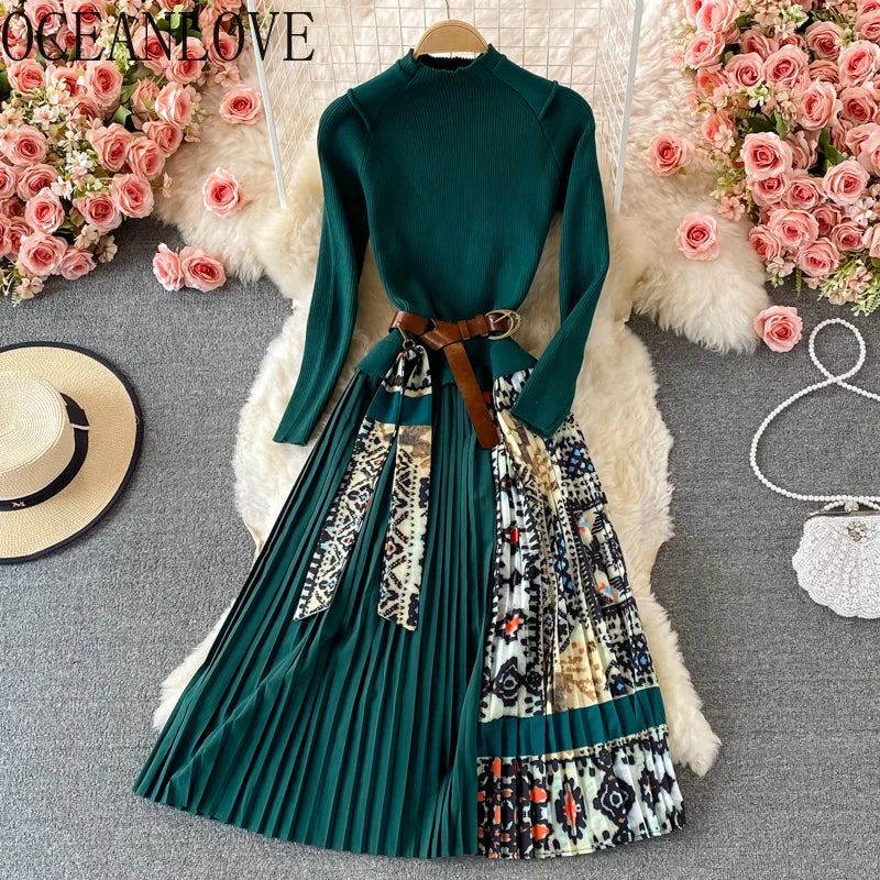 OCEANLOVE Print Vestidos Knitting Vintage Korean 2022 Autumn