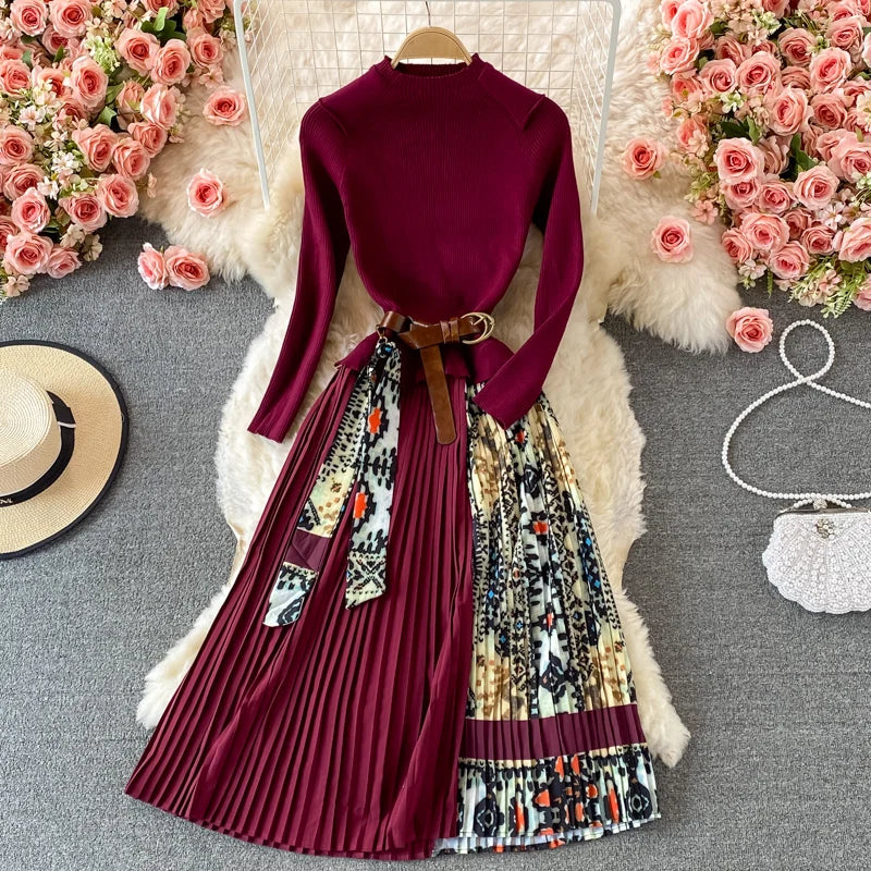 OCEANLOVE Print Vestidos Knitting Vintage Korean 2022 Autumn