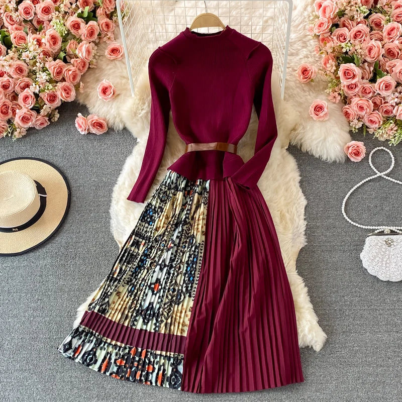 OCEANLOVE Print Vestidos Knitting Vintage Korean 2022 Autumn