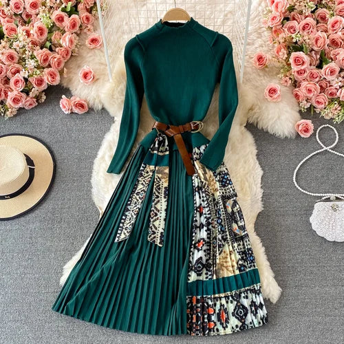 OCEANLOVE Print Vestidos Knitting Vintage Korean 2022 Autumn