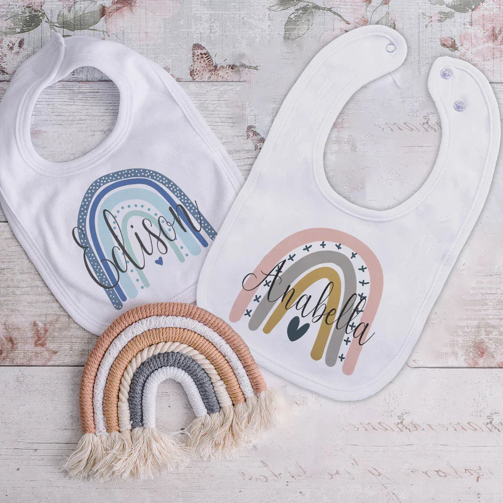 Personalised Baby Bib Rainbow with Name Newborn Cotton