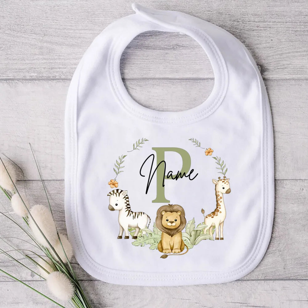 Personalised Baby Bib Safari Animals Bibs Initial with