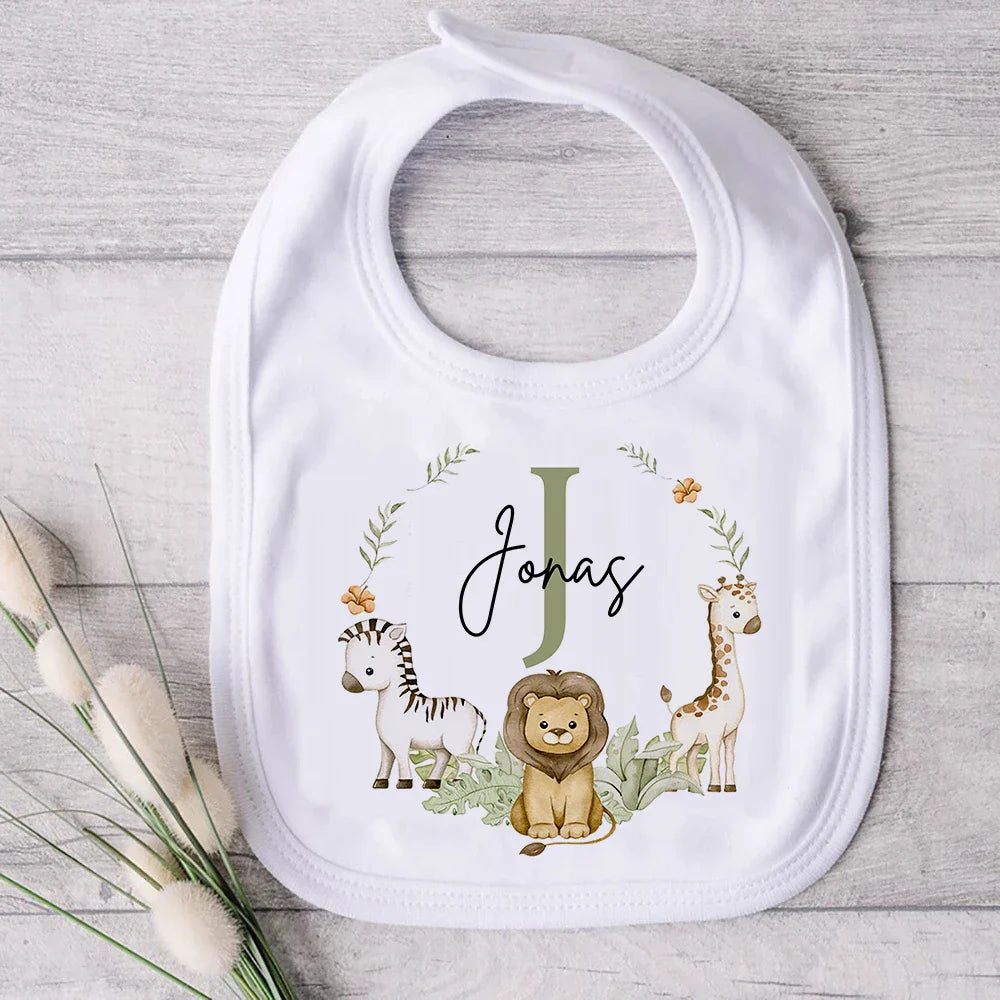 Personalised Baby Bib Safari Animals Bibs Initial with