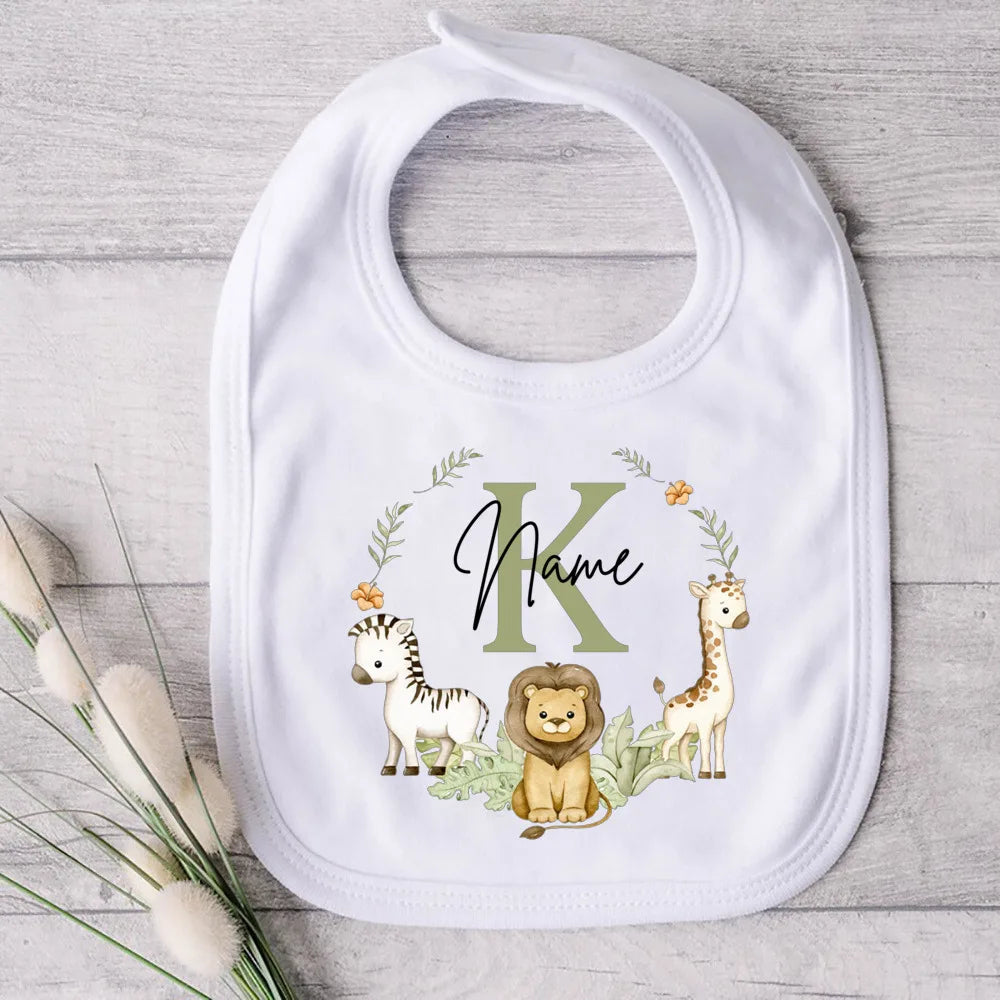 Personalised Baby Bib Safari Animals Bibs Initial with