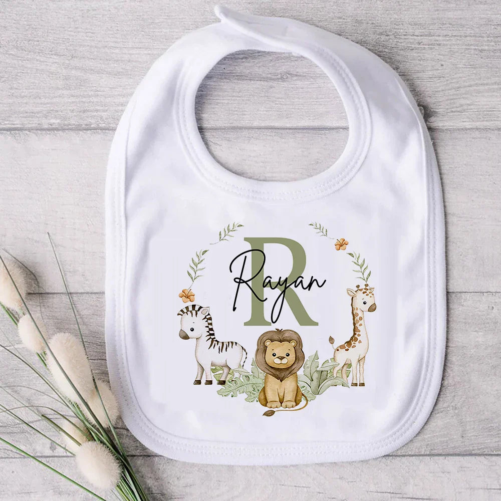 Personalised Baby Bib Safari Animals Bibs Initial with