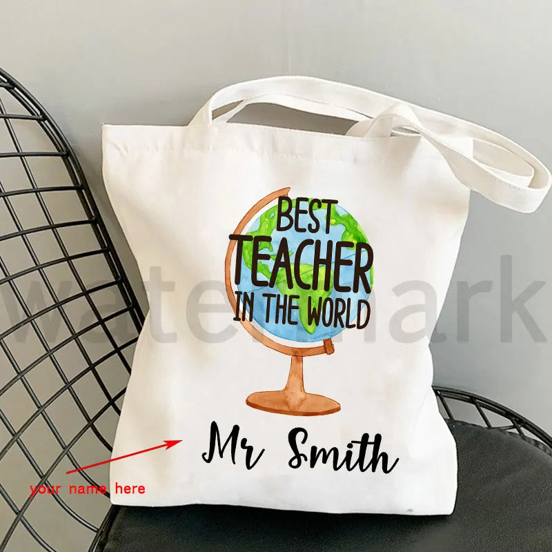 Personalized Kawaii Teacher Shopping Bags Women Totes Thank You Teacher Shoulder Bags for Travel Handbags Canvas Shopper Bag