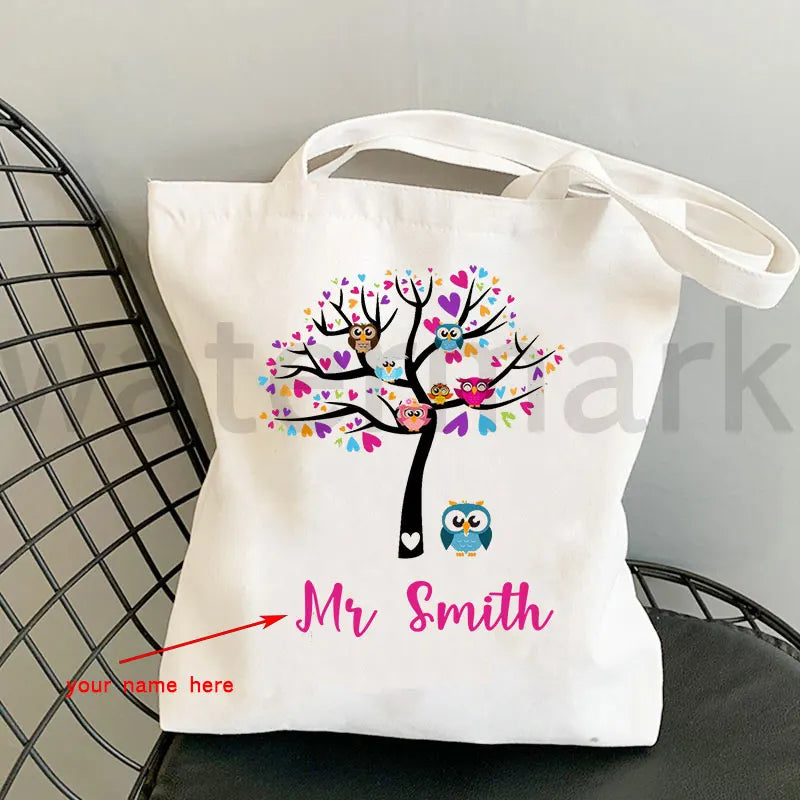 Personalized Kawaii Teacher Shopping Bags Women Totes Thank You Teacher Shoulder Bags for Travel Handbags Canvas Shopper Bag