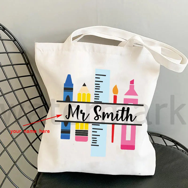 Personalized Kawaii Teacher Shopping Bags Women Totes Thank You Teacher Shoulder Bags for Travel Handbags Canvas Shopper Bag