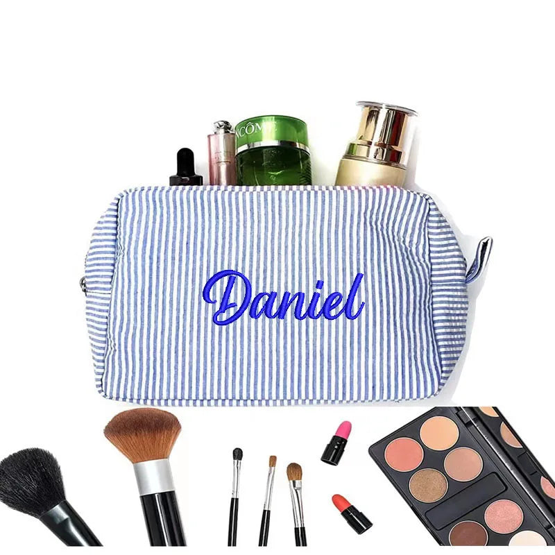 Personalized Large Capacity Striped Cosmetic Bag Custom Embroidered