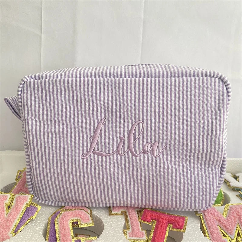 Personalized Large Capacity Striped Cosmetic Bag Custom Embroidered