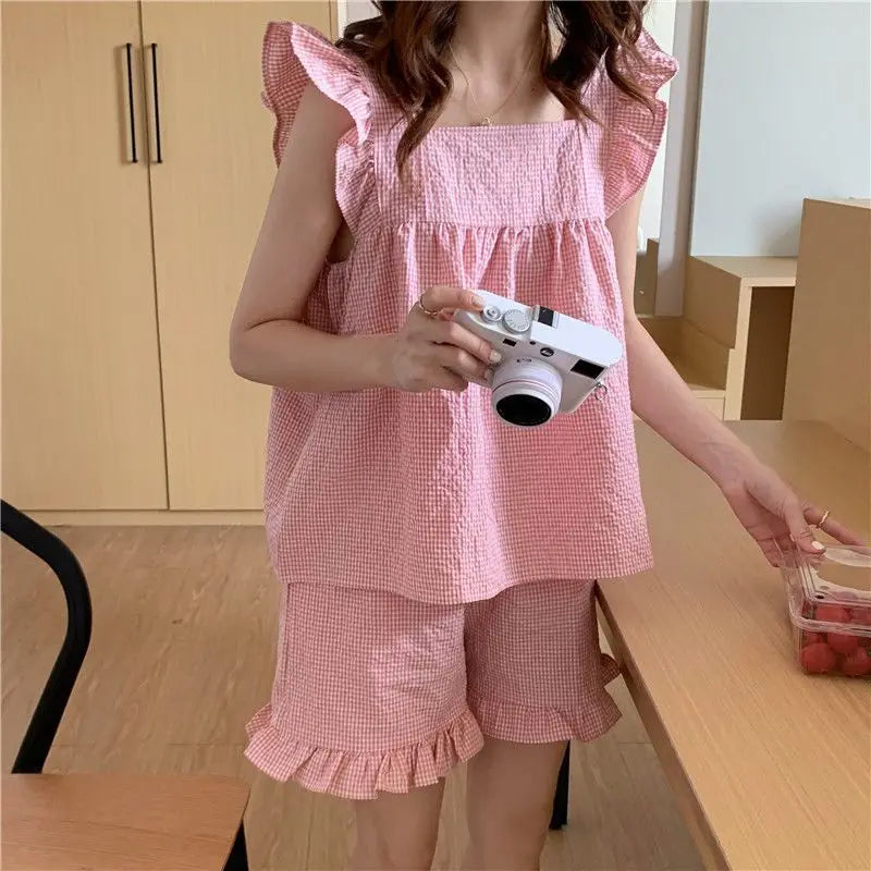 Plaid Women Pajamas Shorts Set Sleepwear Korean Kawaii