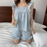 Plaid Women Pajamas Shorts Set Sleepwear Korean Kawaii