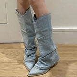 Pleats Blue Denim Thigh High Boots for Women