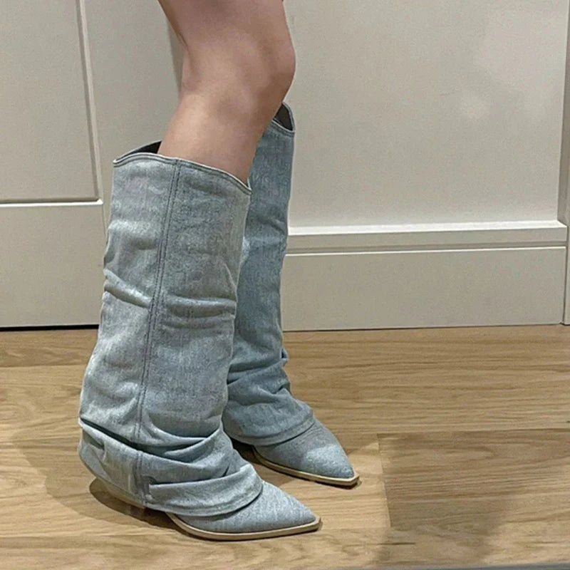 Pleats Blue Denim Thigh High Boots for Women