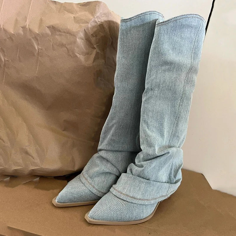 Pleats Blue Denim Thigh High Boots for Women