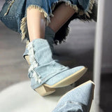 Pleats Blue Denim Thigh High Boots for Women