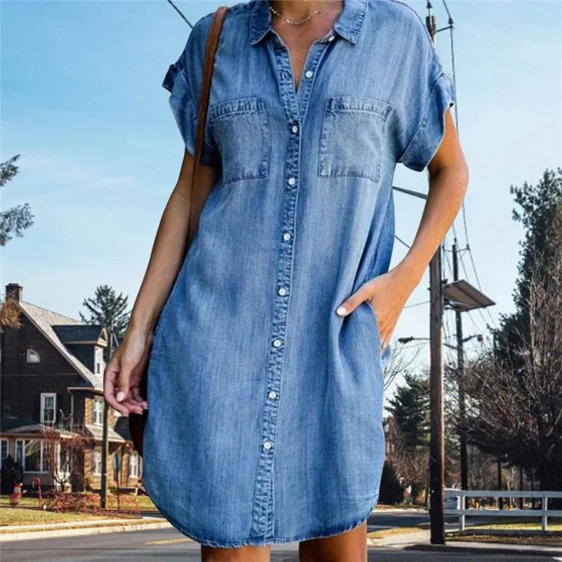 Plus Size Women Denim Shirt Dresses Short Sleeve