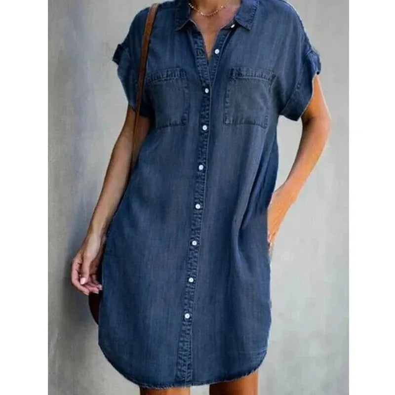 Plus Size Women Denim Shirt Dresses Short Sleeve