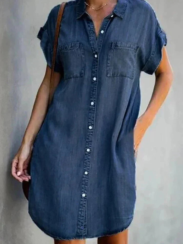 Plus Size Women Denim Shirt Dresses Short Sleeve