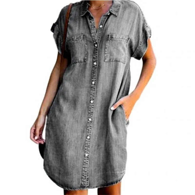 Plus Size Women Denim Shirt Dresses Short Sleeve