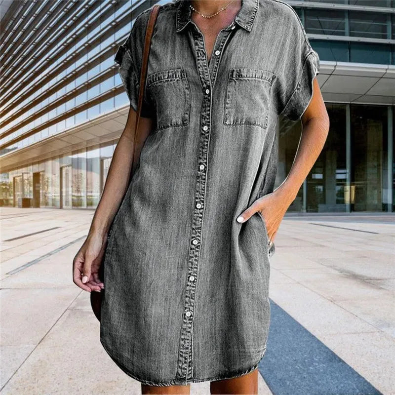 Plus Size Women Denim Shirt Dresses Short Sleeve