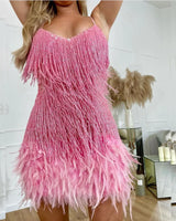 Plus Size Women Sequins Tassel Feather Dress 2023