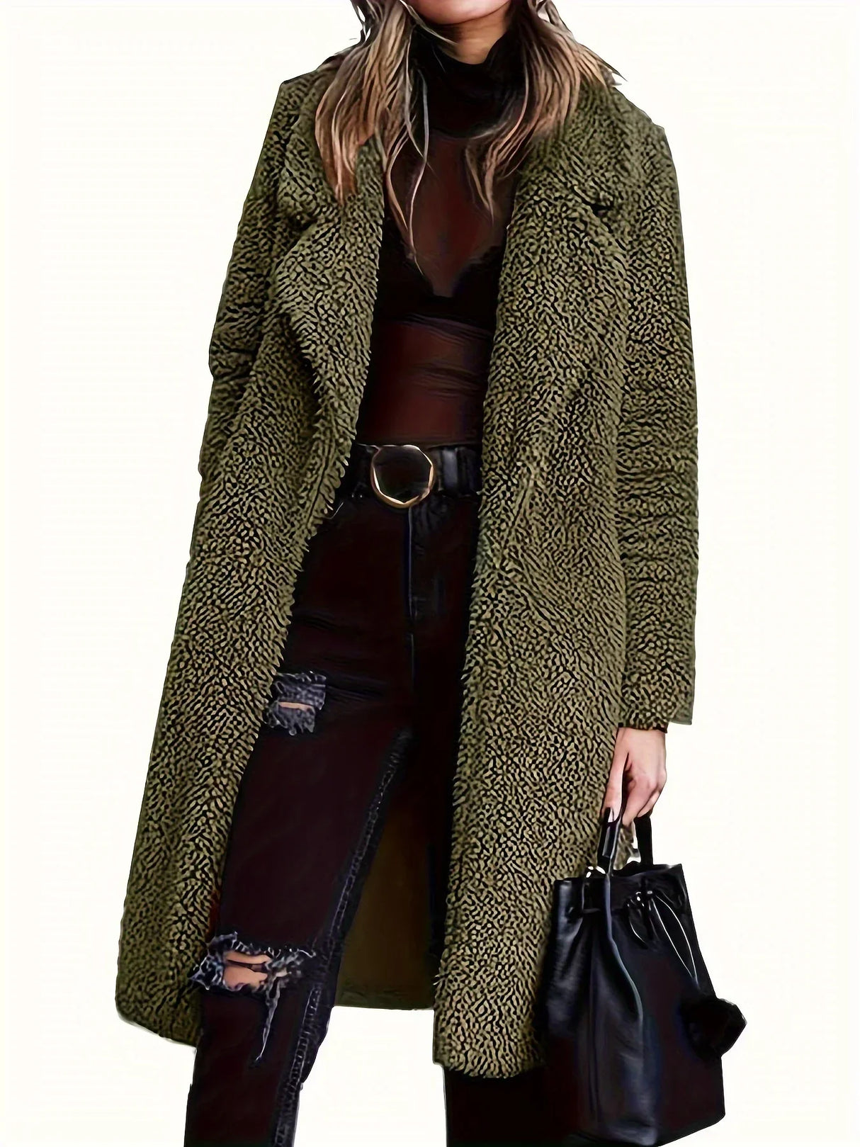 Plus Size Womens Fuzzy Fleece Lapel Open Front