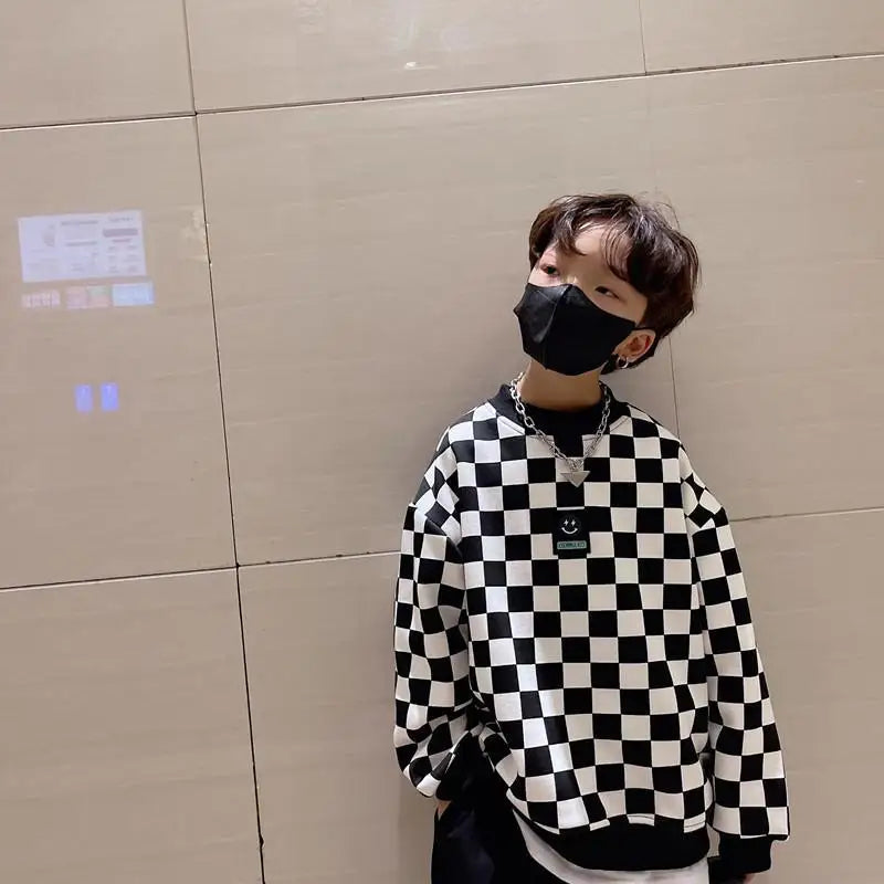 Plush Thickened Warm Boys' Checkerboard Sweatshirts O-neck Pullover
