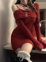 QWEEK Knit Knitted Sweater Bodycon Dress Slim Wrap