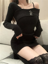 QWEEK Knit Knitted Sweater Bodycon Dress Slim Wrap