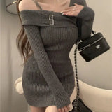 QWEEK Knit Knitted Sweater Bodycon Dress Slim Wrap