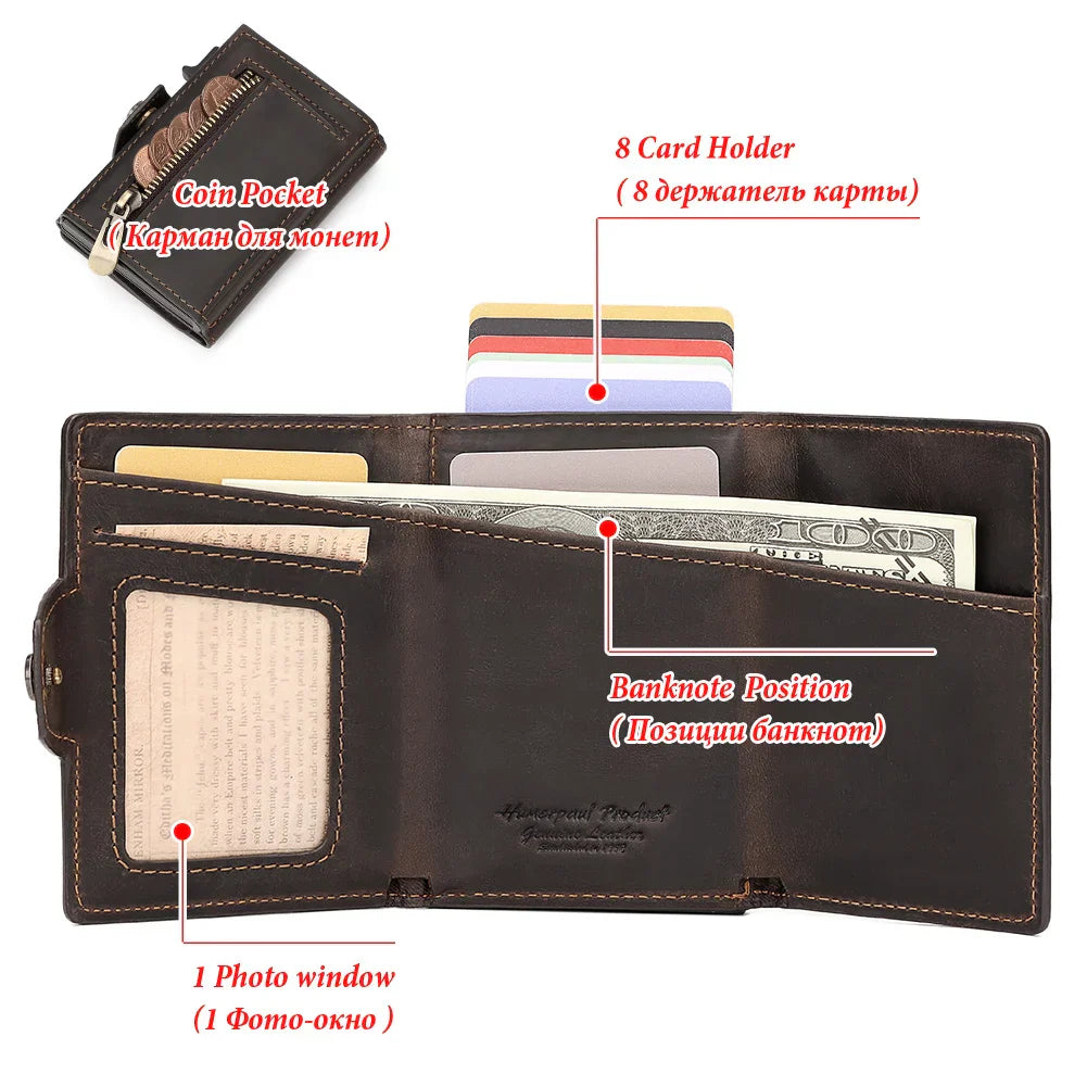 RFID Smart Pop Up Card Wallet for Men Genuine Leather Card Case for 8-10 Cards Slim Women Zip Coin Purse with Notes Compartment