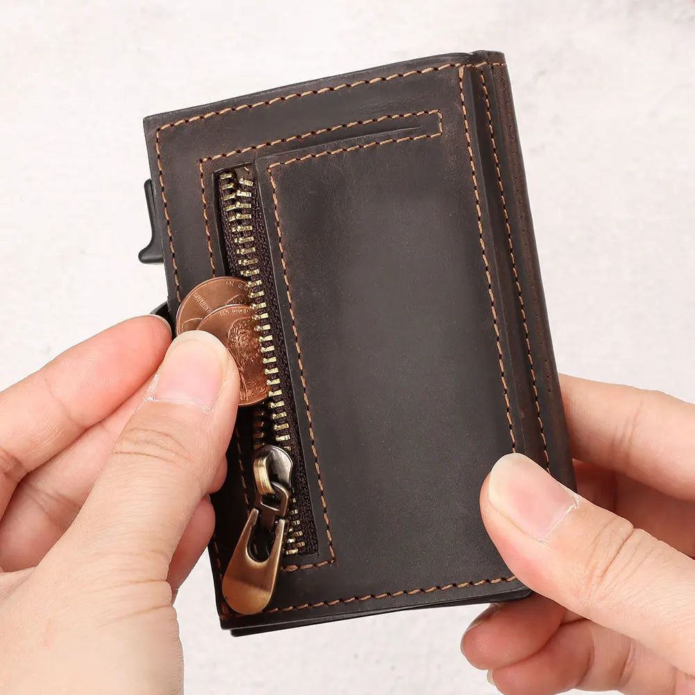 RFID Smart Pop Up Card Wallet for Men Genuine Leather Card Case for 8-10 Cards Slim Women Zip Coin Purse with Notes Compartment