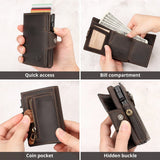 RFID Smart Pop Up Card Wallet for Men Genuine Leather Card Case for 8-10 Cards Slim Women Zip Coin Purse with Notes Compartment