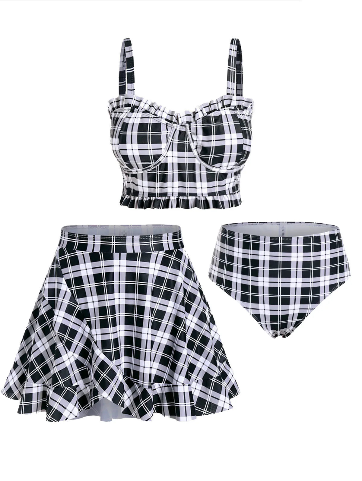 ROSEGAL Plus Size Padded Plaid Three Piece Swimwear